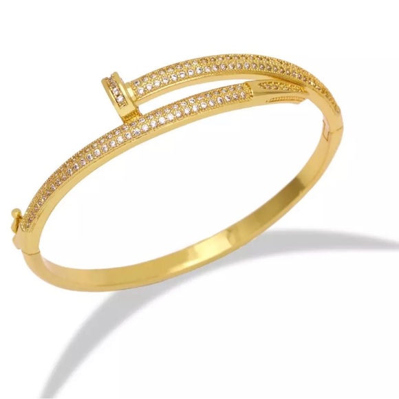 18k Gold Plated Stainless Steel Nail AAA CZ Bangle Bracelet - Picture 1 of 6